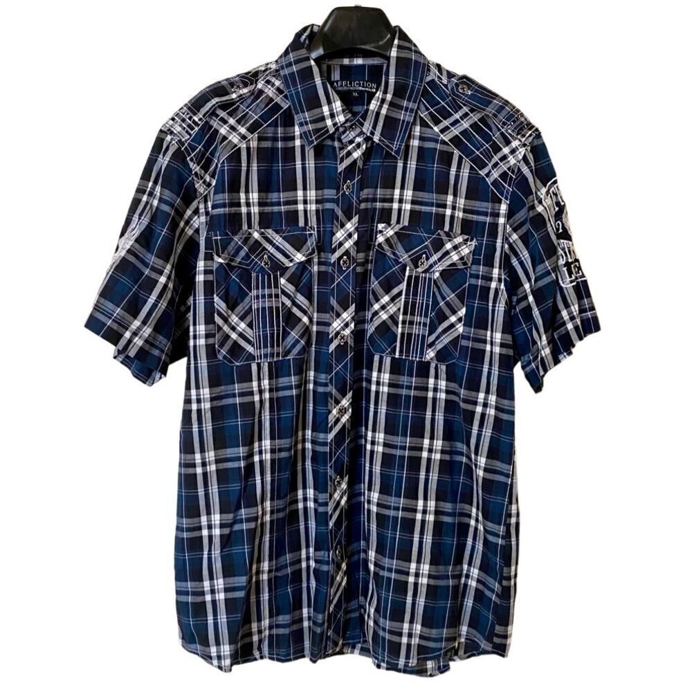 Affliction Buckle Men’s Blue Plaid Embroidered Short Sleeve Button Down Shirt XL